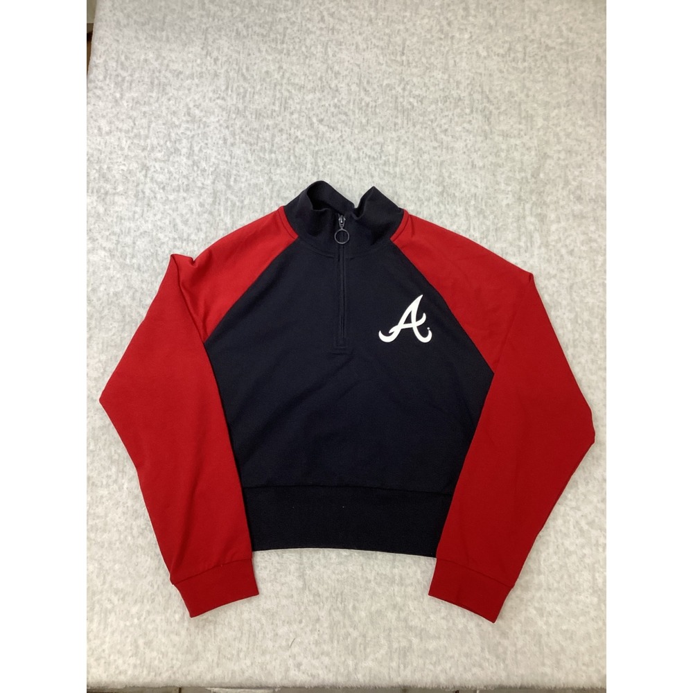 Atlanta Braves Kids Quarter Zip Pullover Cropped Sweatshirt Navy Red Large NEW